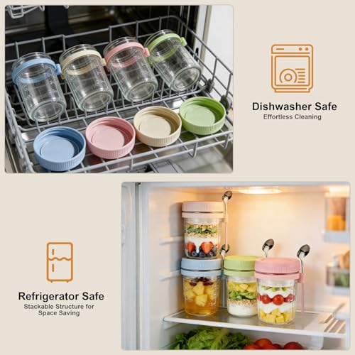 Image of Overnight Oats Containers with Lids and Spoons - 4 Pack 16 oz Glass Mason Jars with Separate Compartments Airtight Overnight Oat Jars Leakproof Yogurt Parfait Cup for Oatmeal Chia Pudding Cereal Salad