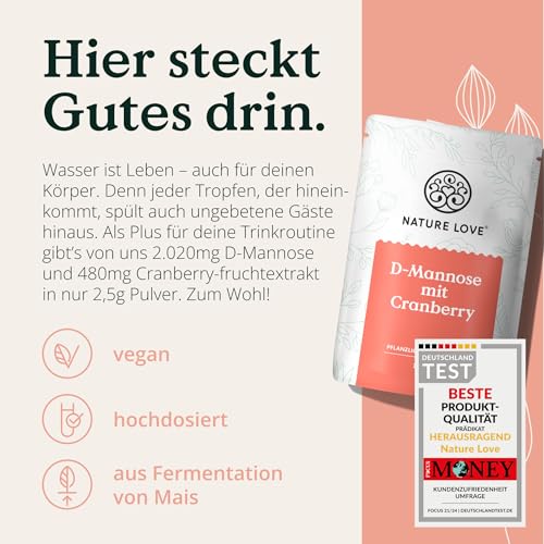 NATURE LOVE® D-Mannose Pulver mit Cranberry - 250 Gramm Pulver zum Auflösen in Wasser - 100 Tage Reichweite - mit Dosierlöffel - hochdosiert, vegan, laborgeprüft & in Deutschland produziert 6