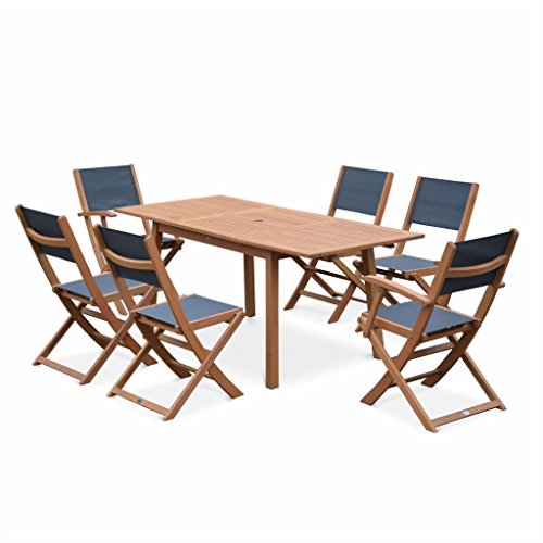 Alice's Garden - Salon de Jardin en Bois Extensible - Almeria - Table 120/180cm avec rallonge. 2 fauteuils et 4 chaises. en Bois d'Eucalyptus huilé et...