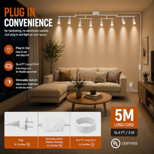 Image of Dimmable Plug in Track Lighting,Plug in Ceiling Light Fixture,White 8 Light Track Light with 16.4' Long Cord,Dimming Switch,8 Way Ceiling Spotlight,Rotatable,LED Bulbs Included