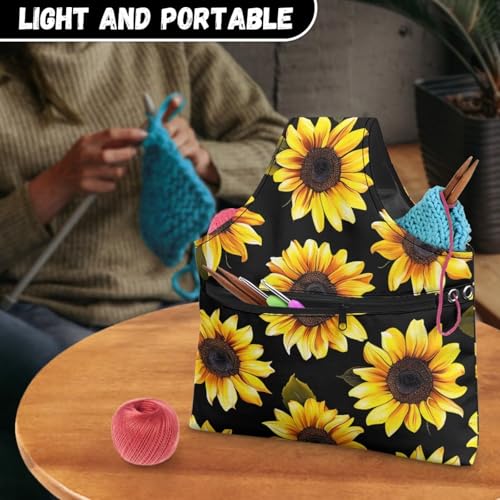 Image of KUIFORTI Sunflower Yarn Bag Holder Knitting Accessories Black Crochet Bag Organizer Tote Yarn Bags for Crocheting on The Go, Large Size