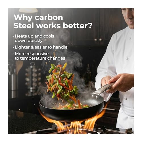 Image of Lifelong Carbon Steel (Iron) Fry Pan 24cm | High Heat Stir Fry & Searing Pan with Long Stainless Steel Handle | Naturally Seasoned Non-Stick Surface | Induction & Gas Compatible | Lightweight Build