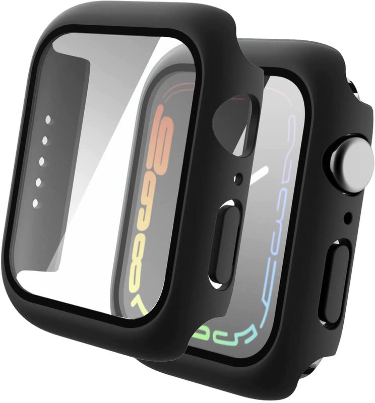 OILOCO Hard PC Case with Tempered Glass Screen Protector Compatible with iWatch Series 7 41mm, Full Coverage Hard Polycarbonate Slim Protective Cover (Black, 41mm)