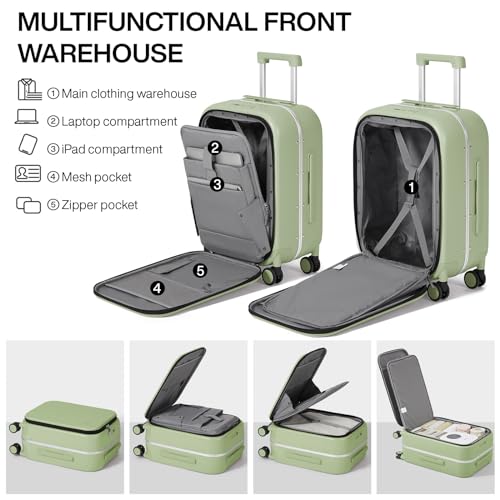 Image of Mixi Luggage Suitcase with Spinner Wheels, Travel Luggage Aluminum Frame PC Hardside with TSA Lock & Cover, Avocado Green, 20-Inch