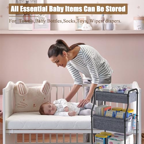 3-Tier Baby Diaper Caddy Organizer and Storage Cart with 4+2 Dividers, Mobile Metal Utility Cart with Rolling Wheels for Nursery Essentials, Large Capacity Rolling Cart for Crib, Bedroom, Bathroom