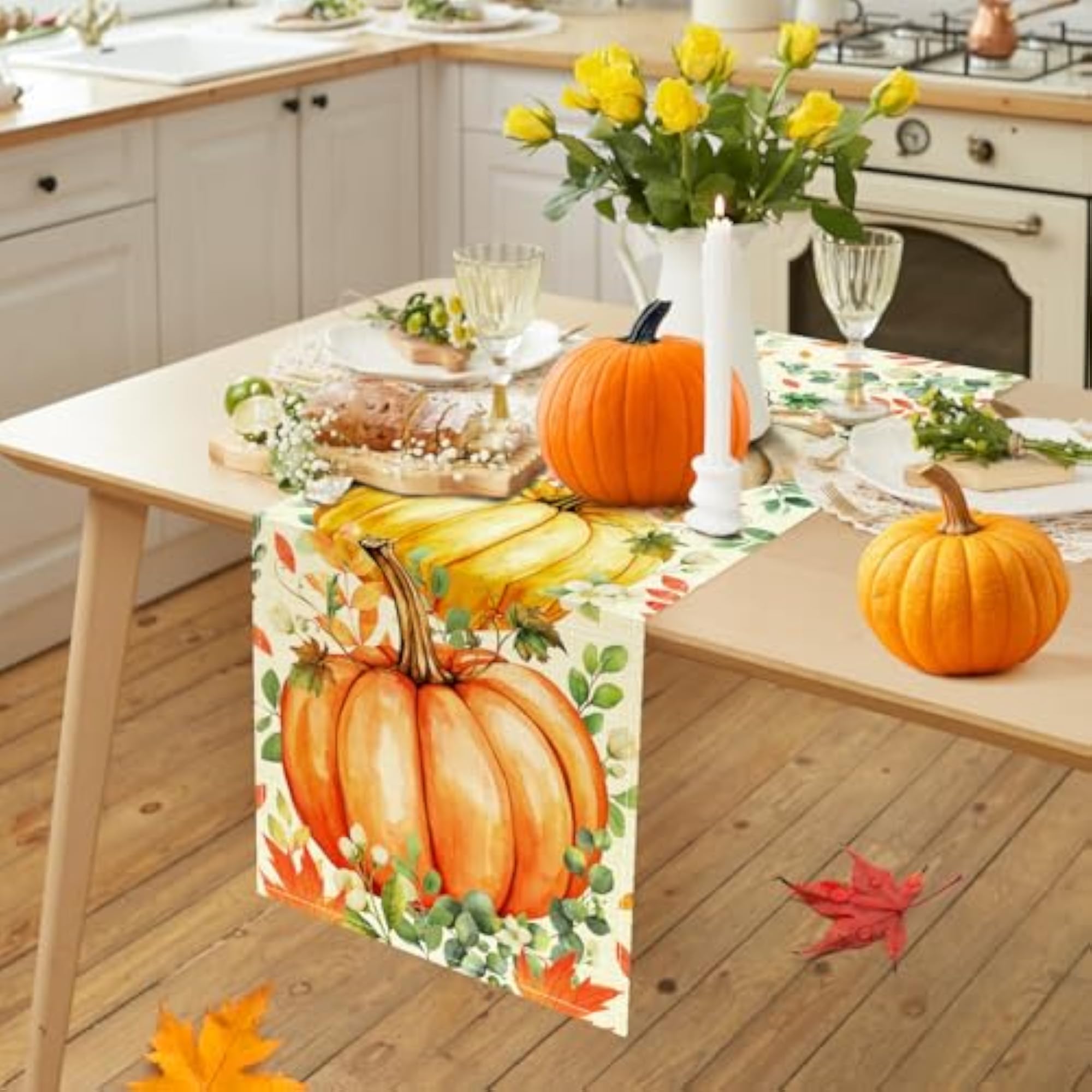 Pumpkin Eucalyptus Leaves Fall Table Runner