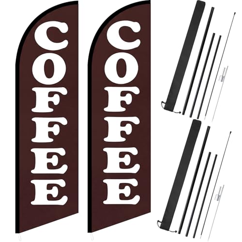 Remagr 2 Pcs 12 ft Open Coffee Feather Flag Advertising Swooper Banner with Stainless Steel Pole and Ground Stake Large Windless Shop Sign Tall for Outdoor Business Advertising(Coffee)