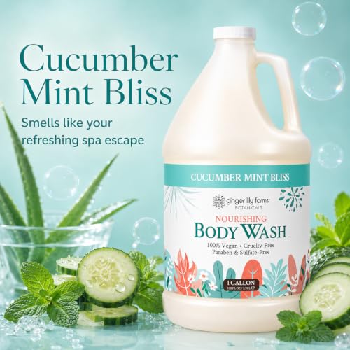 Image of Ginger Lily Farms Botanicals Body Wash, 128oz /4pk, Cucumber Mint Bliss | 100% Vegan & Cruelty-Free | Nourishing Bath & Shower Gel for All Skin Types | Refill Size