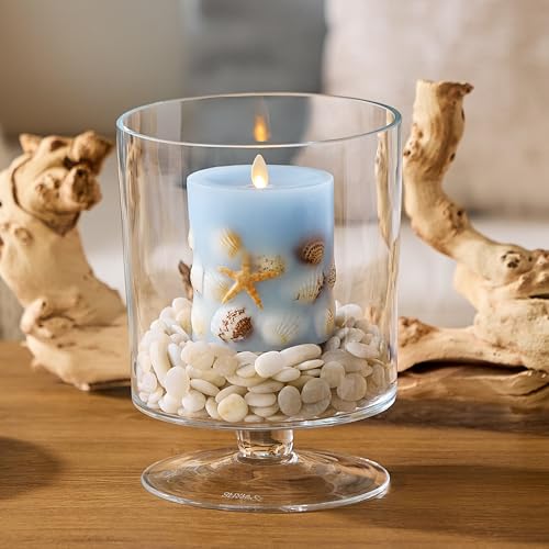 Image of Luminara Flameless LED Candle Soft Chambray Embedded Seashell & Starfish Moving Flame Pillar Unscented Real Wax with Recessed Edge (4.5-inch)