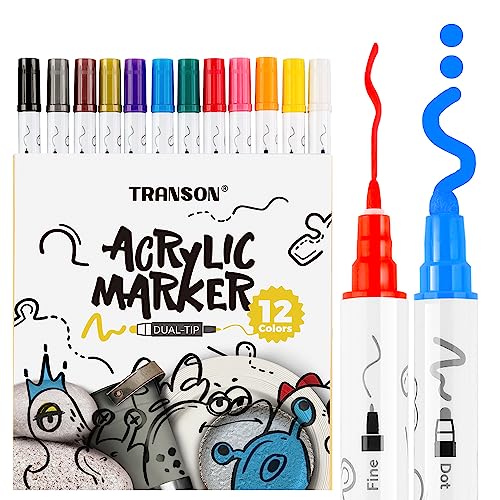 Image of TRANSON 12 Color Bold and Fine Dual-tip Acrylic Paint Pen Set for Canvas Rock Wood Leather Ceramic DIY Painting