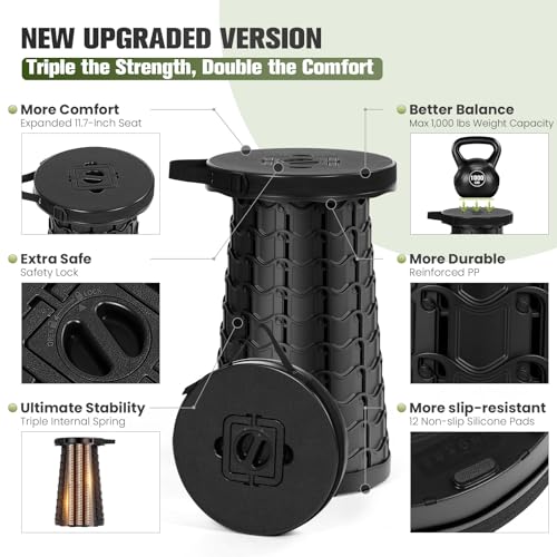 Image of Qiguet Upgraded XXL Collapsible Stool - Folding Stool Max 1000lb Capacity,Portable Chair - Foldable Stool with Safety Lock,Portable Stool for Camping Barbecuing Fishing Gardening,Gifts for Fishermen.