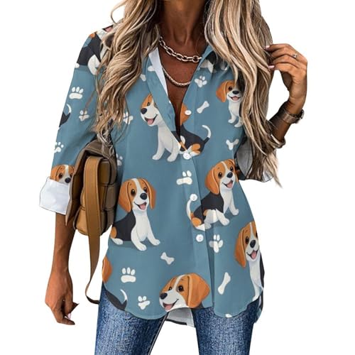 Langärmeliges Hemd mit Knopfleiste für Damen – niedliche Hunde-Blusen für Damen, elegant, lässiges Oberteil, Mehrfarbig, S