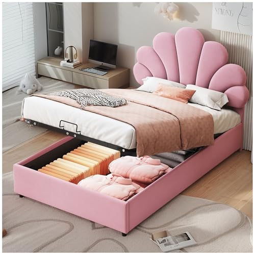 Wyibwy Letto per bambini,90x200cm,imbottito,con testata e rete a doghe,testata regolabile in altezza,con contenitore idraulico,letto singolo,tessuto velour,rosa(senza materasso)