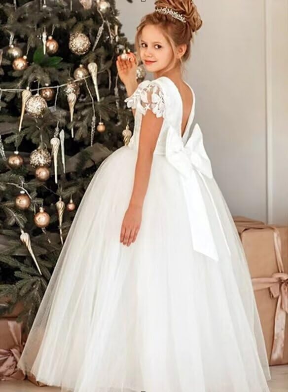 Tulle Pageant Dresses for Girls Puffy Flower Girls Lace Sleeve Dress for Wedding Kids Tutu V-Back Prom Ball Gown4