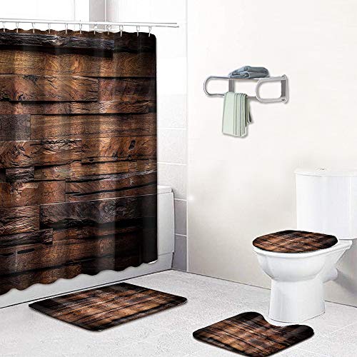 OuElegent 4 rustikale Holz-Duschvorhang-Sets mit rutschfestem Vorleger, WC-Deckelbezug und Badematte, braune… – Bild 3