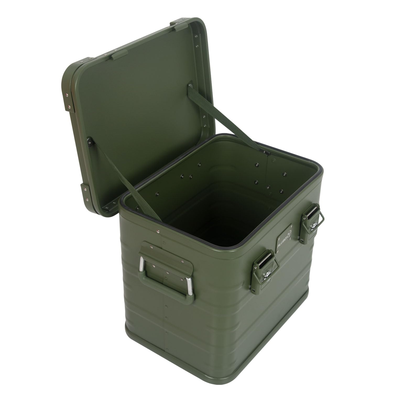 Alubox Alukiste abschließbar E31G OLIVGRÜN - Premium Lagerbox 31 Liter - Materialstärke 1mm - Deckel mit Aluminium Druckguss Stapelecken und Gummidichtung - inklusive Schlösser - lackiert