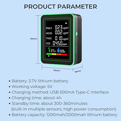 Image of DeWire Portable Air Quality Monitor with 2.8 inch HD Display - Indoor CO2, PM2.5, HCHO, TVOC Detector with Temperature & Humidity Sensors, USB Rechargeable Batteryand Color - Coded Alert