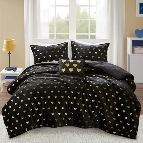 Image of Intelligent Design Queen Comforter Set, 4 Piece Metallic Hearts Bedroom Set for Girls, Queen Bed Set Soft Plush Comforter, Rosalie All Season Fluffy Bedding Set, Full /Queen, Black /Gold 4 Piece