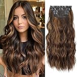 Brown Hair Extensions Clip in, 20 Inches Long Synthetic Curly Clip in Hair Extension for Women and Girls (Dark Brown with Mix Light Brown Highlights, 4pcs)