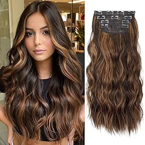 Brown Hair Extensions Clip in, 20 Inches Long Synthetic Curly Clip in Hair Extension for Women and Girls (Dark Brown with Mix Light Brown Highlights, 4pcs)