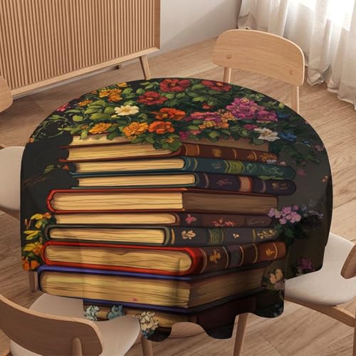asbwuo Mantel Redondo Vintage Floral Colorido, Lavable, Estilo Libro Antiguo con Motivos botánicos, Ideal para Cocina, Comedor, Exteriores y decoración navideña. 50 Pulgadas.