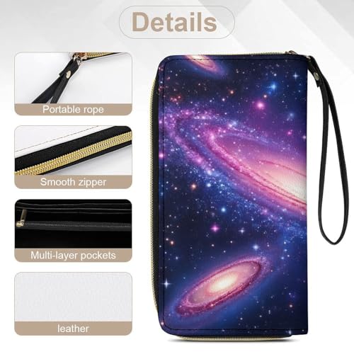 Womens Wallet, Waterproof PU Leather Wallet, Large Capacity Credit Card Holder Space Galaxy Constellation Zodiac Star Purple Blue Coin Zipper Clutch Purse 5