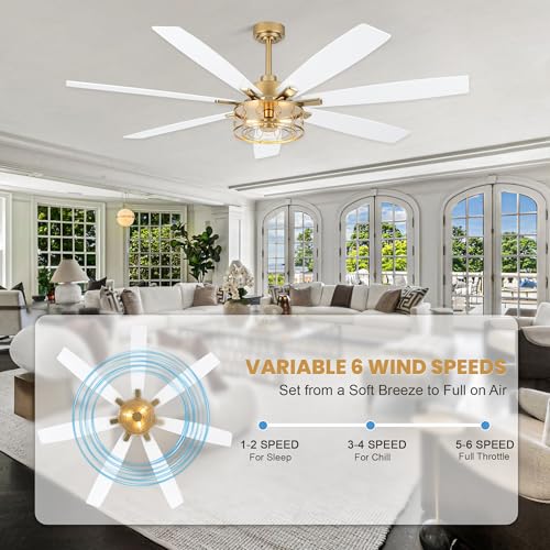 Image of Dawn Whisper 72 Inch Large Ceiling Fans with Lights Modern White Gold Farmhouse Ceiling Fan for Living Room Bedroom 6 Speed Reversible Quiet DC Motor