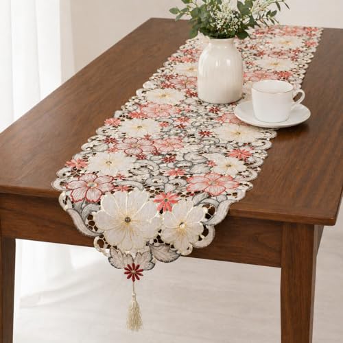 Image of MONKDECOR Design - 022 Tissue Cutwork Centre / Dining Table Runner (Size- 15x70 Inches)- Maroon