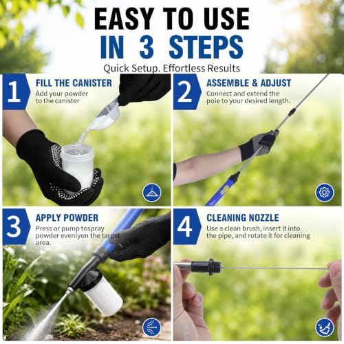 Diatomaceous Earth Powder Duster, Powder Sprayer with Adjustable up to 4.1 FT, Pump Applicator Includes Drawstring Storage Bag, Gloves & Cleaning Brush, Perfect for Garden, Pet Area, Home by PALUVIRO - Used condition - Image 4