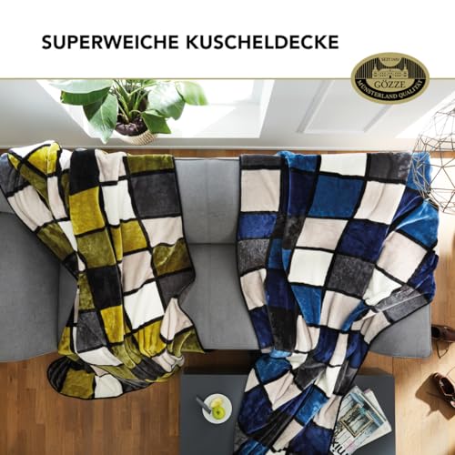 Gözze - Weiche Kuscheldecke, Cashmere Feeling, Hohes Stoffgewicht 500 g/m², Antigua, 150 x 200 cm - Zimt/Schwarz/Weiß
