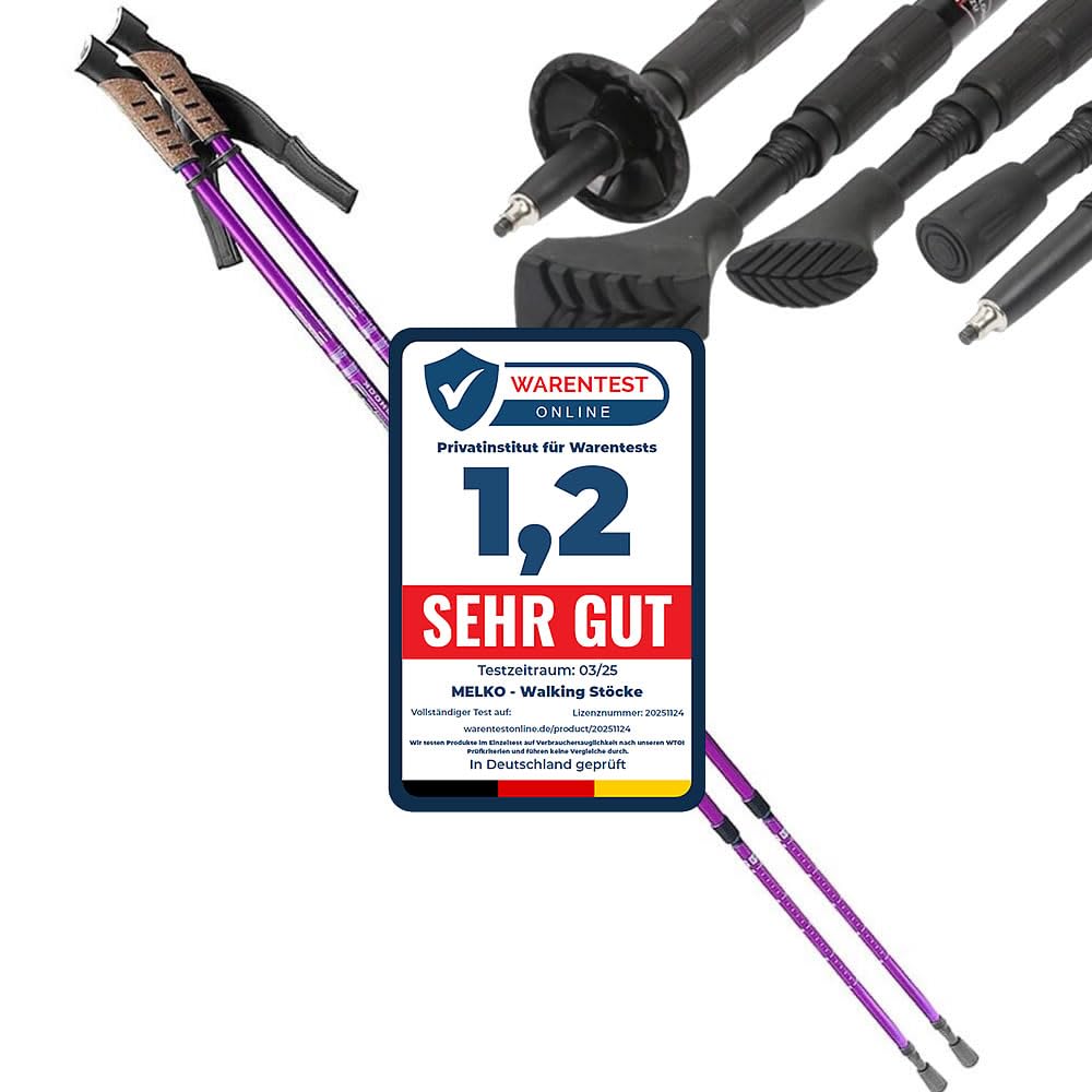 Melko Premium Nordic Walking Stöcke aus Duraluminium, 2er Set, frei verstellbar durch Teleskop-System 65 – 135 cm Gesamtlänge, Violett