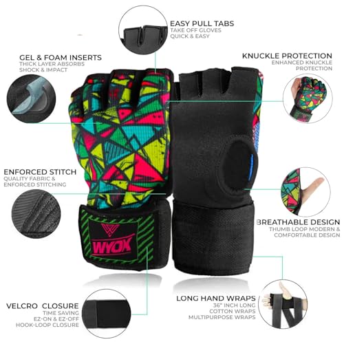 Image of WYOX Neoprene Gel Boxing Hand Wraps Inner Gloves for Men & Women - 80cm /31in Quick Wrist Strap, Padded Knuckle Protection, Fingerless MMA Muay Thai Kickboxing Wraps for Training & Martial Arts