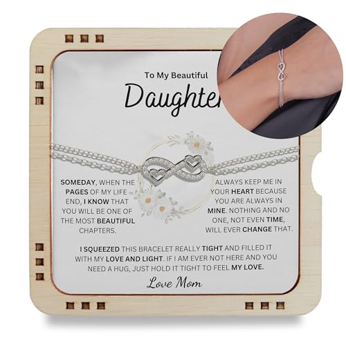 To My Beautiful Daughter Always Keep Me in Your Heart Love Mom, 925 Sterling Silver Infinity Bracelet with message card, Festival Gift for Daughter (From Mom)