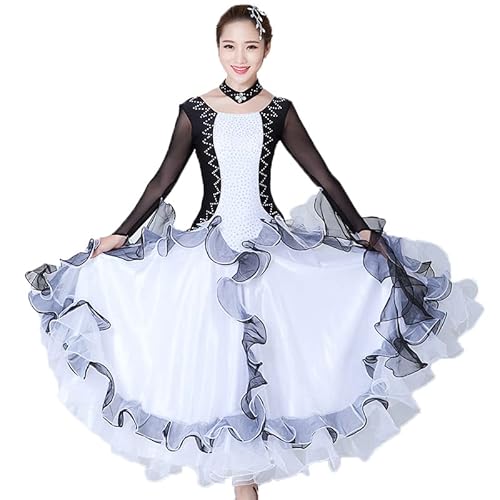 Stafeny Elegantes Walzer-National-Standard-Tanzkleid Damen Langarm Tango-Flamenco-Profi-Wettkampfkostüme Elastische Moderne Ballsaal Tanzkleider Tolle Tüllschaukel,Weiß,3XL Cover