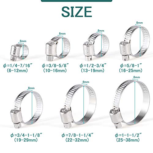 Hose Clamps Assortment, 70Pcs Worm Drive Hose Clamp Adjustable 6-38mm Diameter Range Stainless Steel Pipes Hose Ducting Clips Kit with Screwdriver for Plumbing Automotive Mechanical Application