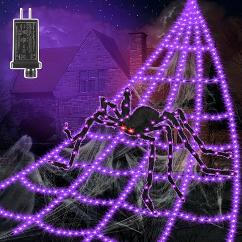 Halloween Decorations Outdoor Spider Web Lights - 550 LED 16.4Ft Spiderweb with 4Ft Large Light Up Spider, Waterproof, 8 Modes Memory Function for Outdoor Yard Halloween Decor (with Spider)