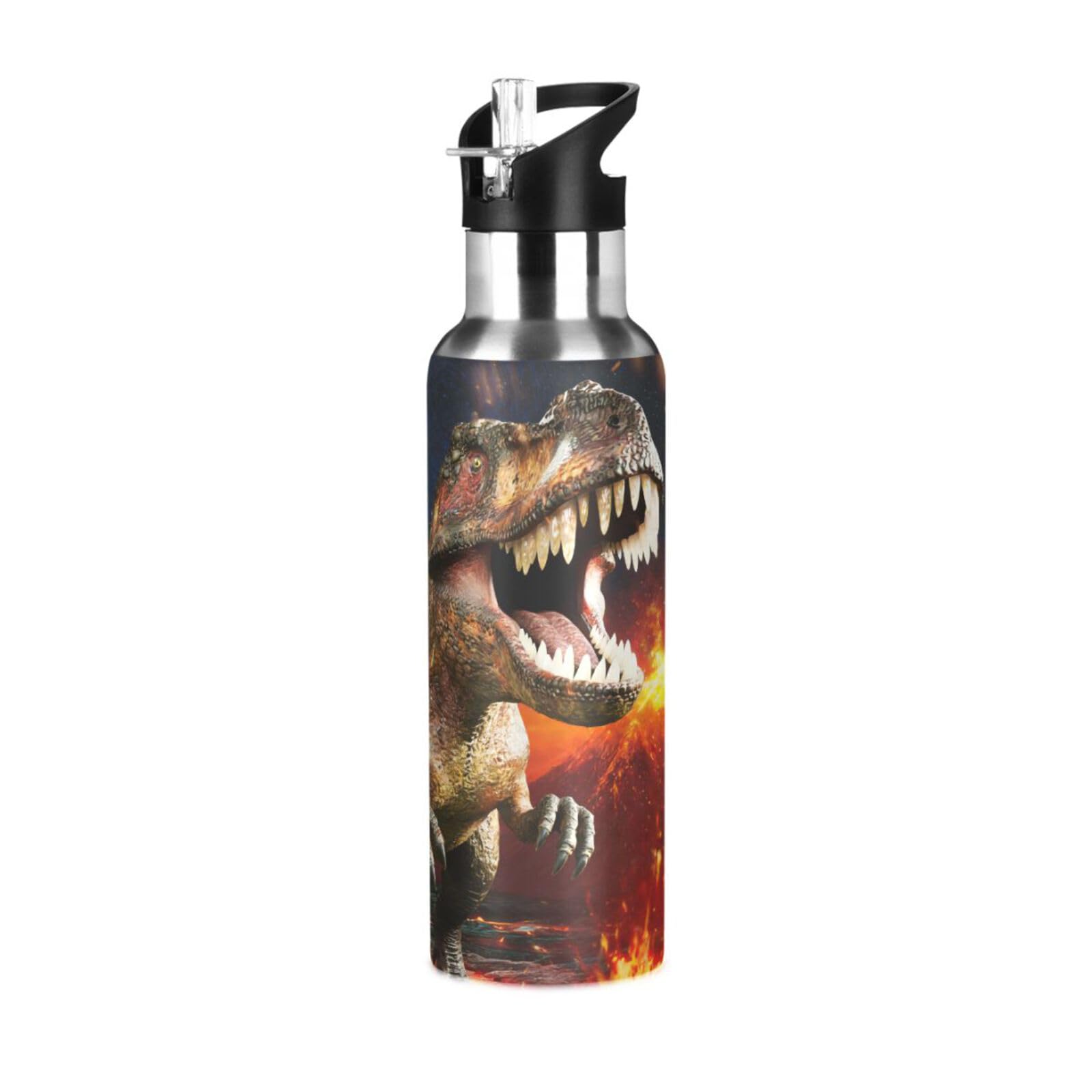 Dinosaur 3D T-Rex Botella de agua con tapa de pajita termo para niños, aislada de acero inoxidable, 20 onzas de frío caliente