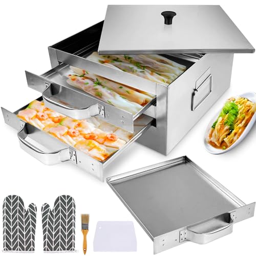 Gasgimos 2-Layer Rice Noodle Roll Steamer, with Extra Steam Tray, Stainless Steel Top Open Rice Roll Steamer, for Home Use, Chinese Cheung Fun Cuisine Recipes Cookware, for Stove, Induction Cooktop