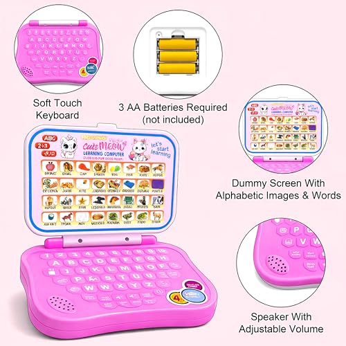 Image of VGRASSP Educational Laptop Toy for Kids with Different Music and Sounds of Scriptures, Alphabets, Words, Spellings, Numbers - Volume Adjustable Function - Convenient Learning Toy - Pink