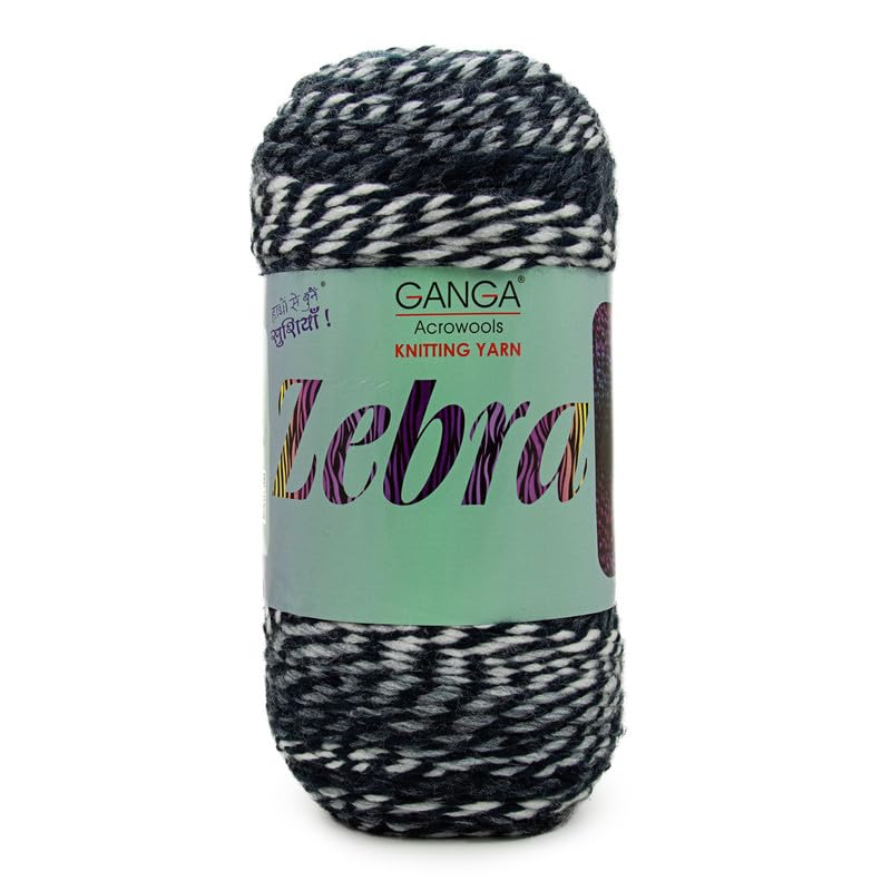 Image of Ganga Acrowools Zebra Acrylic Hand Knitting Fancy Yarn, A Pack of 2 Balls- 150gram Each, Shade No. - PTT1320, Raven