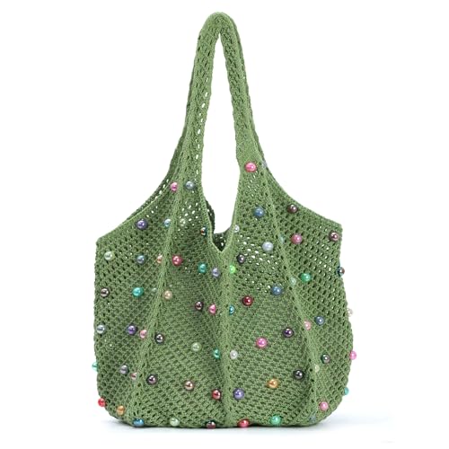 Fecialy Bolsa de praia Boho de crochê com miçangas coloridas bolsa de ombro de malha casual de tecido bolsa organizadora, Verde, 18.5x1.2x14.6 inches