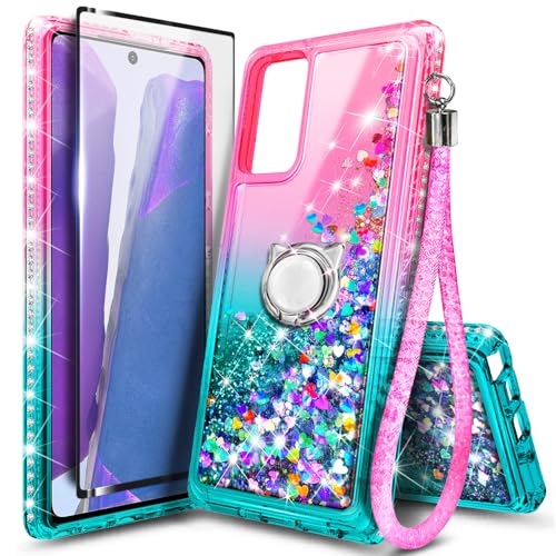 NGB Designed for Samsung Galaxy Note 20 & Note 20 5G Case, Pink/Aqua | Glitter Liquid Sparkle Cute Cover for Women Girls Kids | with Screen Protector & Ring Holder & Wrist Strap Lanyard
