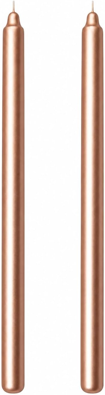 2’li Rose Bakır Metalik Şamdan Mum Seti 25 cm – Dekoratif İnce Şamdan Mum, Kokusuz Parafin Wax,%100 Pamuk Fitil, El Döküm, Uzun Süre Yanma (~10 Saat), Şık Sofra, Davet, Nişan, Düğün