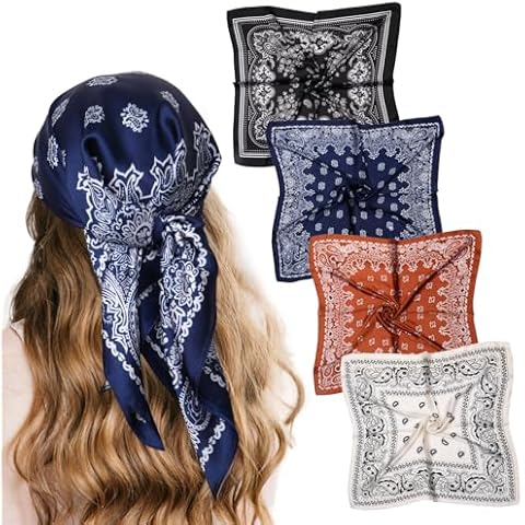 Alotpower Hair Scarf for Women 26in*27in 4pcs, Silk Feeling Satin Bandanas for Women Cover