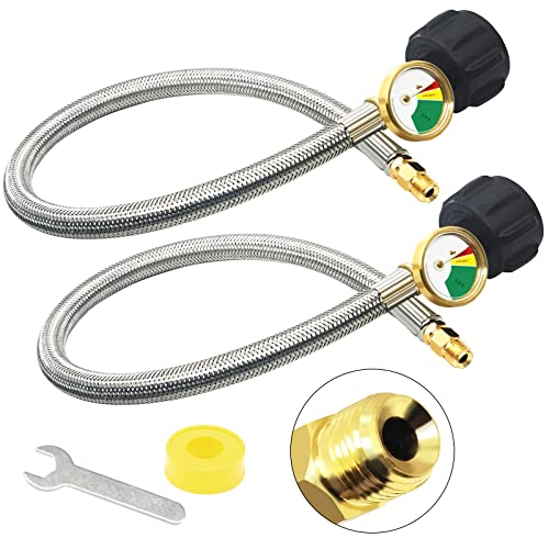 NQN 2 Packs RV Propane Hoses with Gauge,18 Inch Stainless Steel Braided Camper Tank Hose,Rv lp Gas Hoses Connector for Standard Two-Stage Regulator, 40Lb 250PSI,1/4
