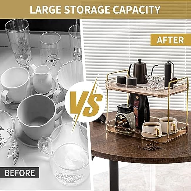 Coffee Bar Accessories, Station Organizers,Large Capacity Storage with Drain Board,Whisky Tray,Mug Tea Cup Holder Coffee Bar Organizer,Amber Gold