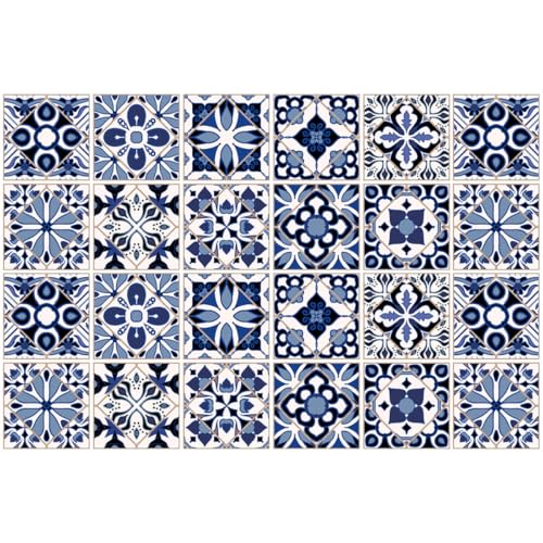 COLLBATH Pegatinas Adhesivas para Azulejos de Pared 24 Piezas 10x10 Cm, Vinilo Decorativo Vintage Azul Resistente al Agua y Aceite, Removibles para Cocina, Baño y Hogar