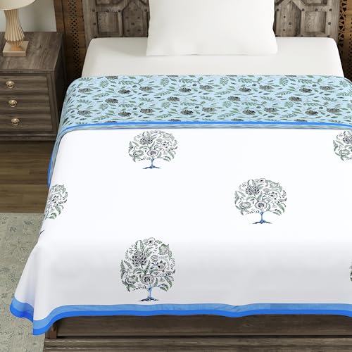 Image of BLOCKS OF INDIA Hand Block Printed Cotton Single Size Reversible Malmal Dohar for Summer (Blue Tree of Life)