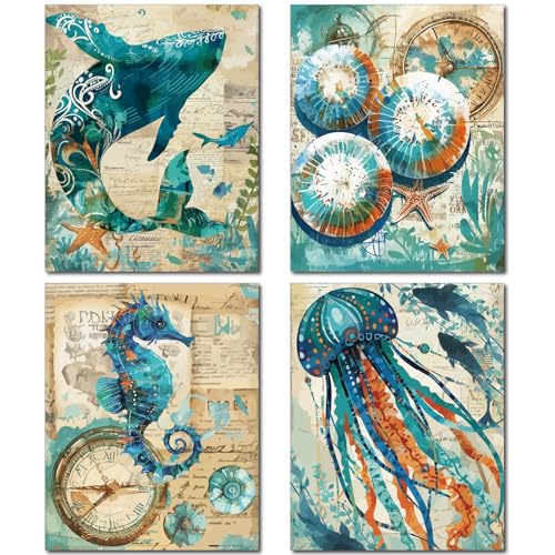 CREATCABIN 4 Pieza Arte Pared Océano Ballena Caballito Mar Medusas Impresiones En Lienzo Póster Vintage Decoración Pared Animales Marinos Lienzo Arte Pared Aceite Fibra Química el Hogar 25x20 cm