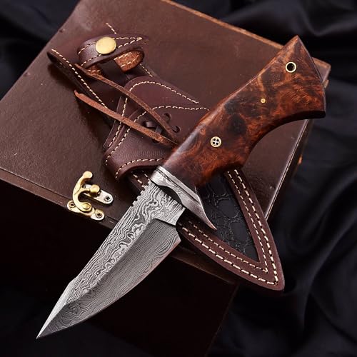 CraftTal. Jagdmesser-Taschenmesser-12 cm klinge Echtes 150 DamastStahl lagen Walnussholz Griff Ideal zum Häuten mit Lederscheide